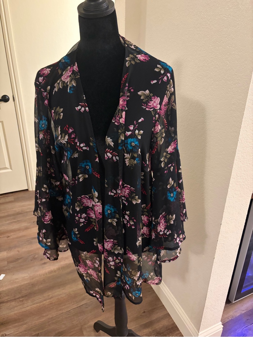 Lane Bryant Black Sheer Floral Kimono with Pink & Blue Blooms